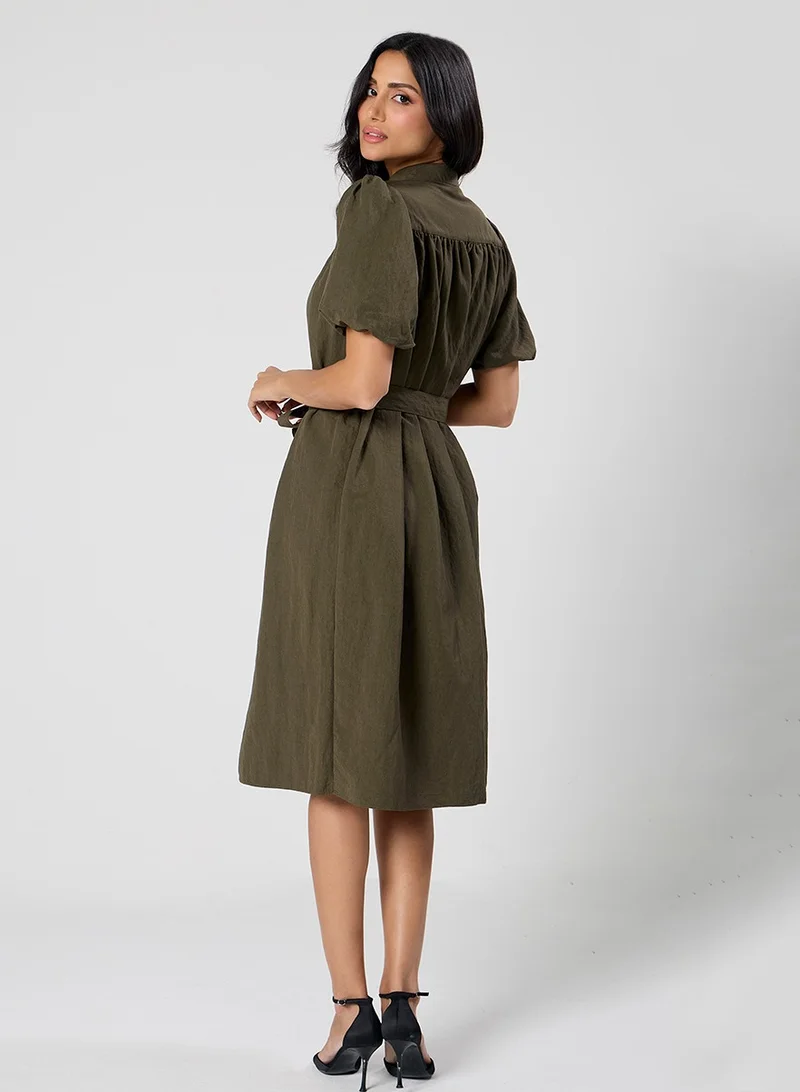 Zigzag Trim Detailed Buckle Attached Green Dress