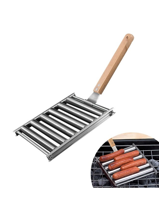 yongsheng Hot Dog Roller for Girll,Hotdog Roller Grill Sausage Roller Stainless Steel Rack with Extra Long Wood Handle,5 Hot Dog Capacity  - Image 1