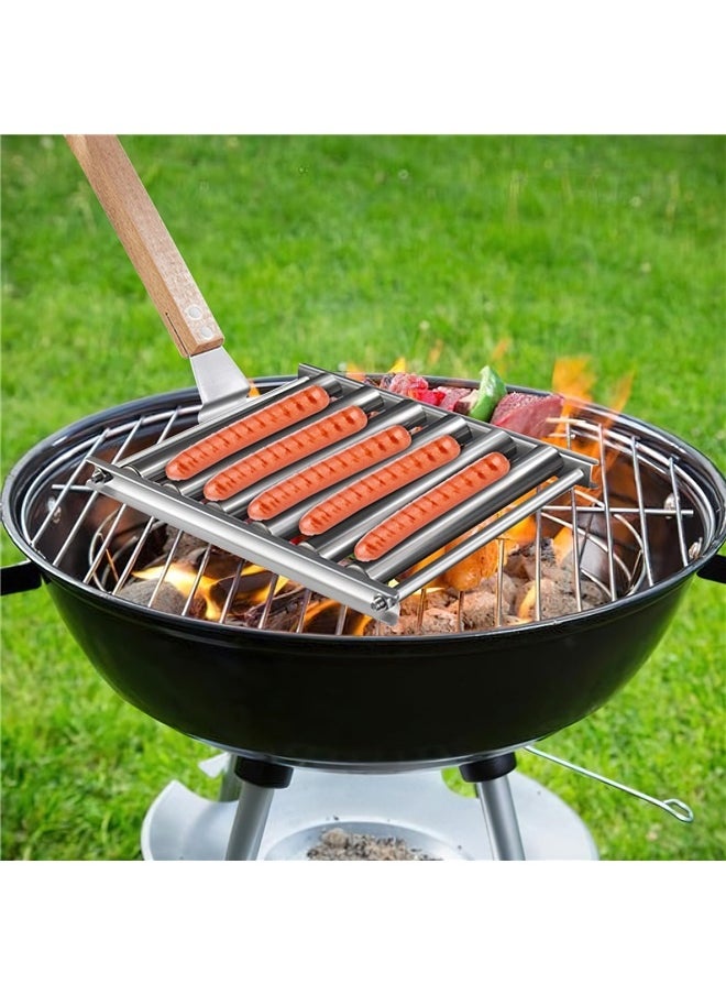 yongsheng Hot Dog Roller for Girll,Hotdog Roller Grill Sausage Roller Stainless Steel Rack with Extra Long Wood Handle,5 Hot Dog Capacity  - Image 2