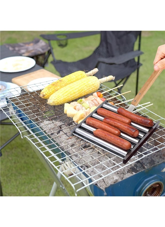 yongsheng Hot Dog Roller for Girll,Hotdog Roller Grill Sausage Roller Stainless Steel Rack with Extra Long Wood Handle,5 Hot Dog Capacity  - Image 3