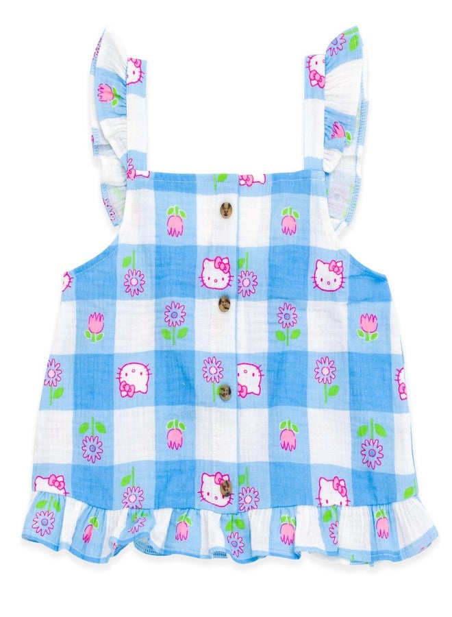 Hello Kitty Toddler Girls Square Neck Tank Top and Shorts Outfit Set Gingham Blue/Beige 2T - Image 2