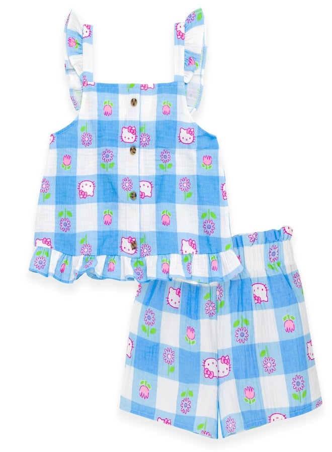Hello Kitty Toddler Girls Square Neck Tank Top and Shorts Outfit Set Gingham Blue/Beige 2T - Image 1