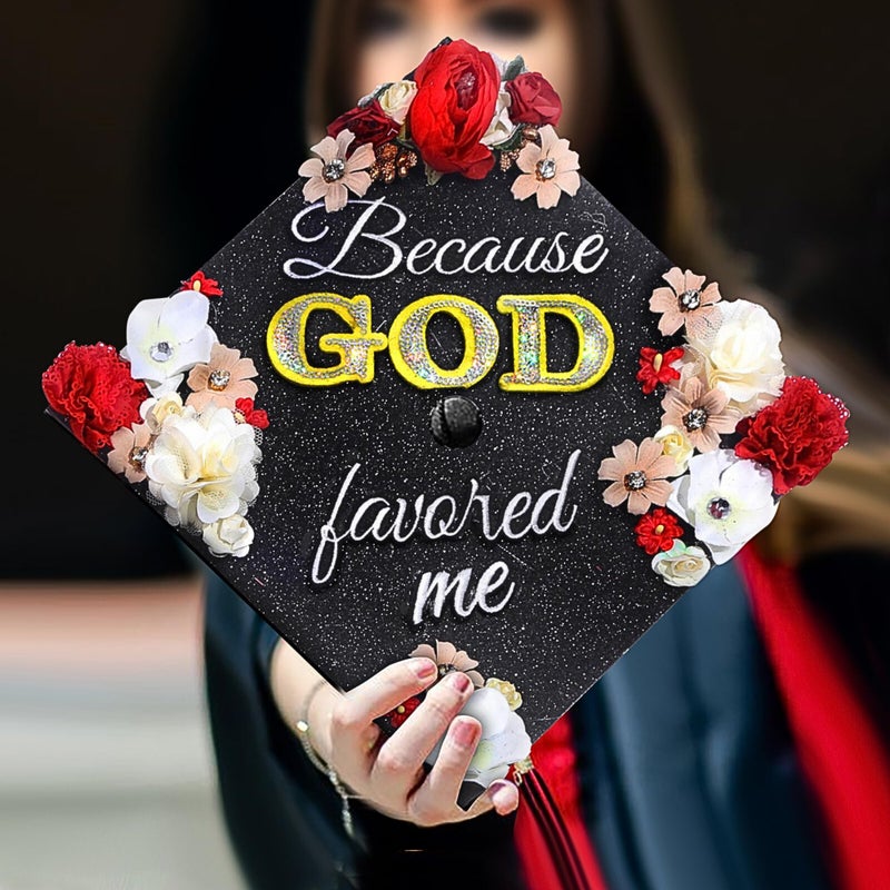 GRADWYSE Once Upon A Time Handmade Graduation Cap Topper Graduation Gifts Graduation Cap Decorations, Because God Favored Me Black - Image 2