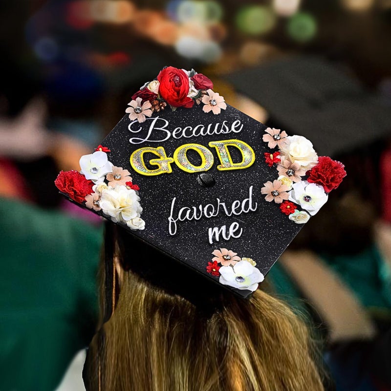 GRADWYSE Once Upon A Time Handmade Graduation Cap Topper Graduation Gifts Graduation Cap Decorations, Because God Favored Me Black - Image 4