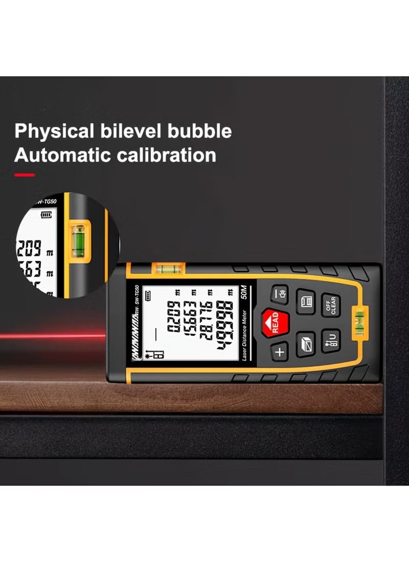 Laser Measure 50M, Ft/in/M Unit Switch Digital Tape with Bubble Level Measurement Tool, LCD Backlit Distance Pythagorean Mode Area and Volume Measuring