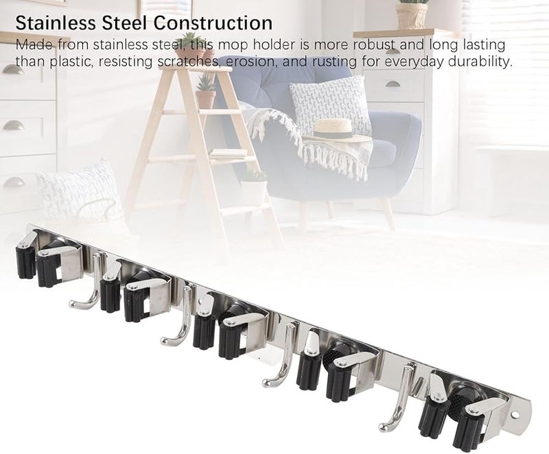 حامل مكنسة من الفولاذ المقاوم للصدأ 304 مثبت على الحائط مع 5 فتحات و4 خطافات للجراج وغرفة الغسيل - Image 3