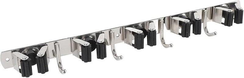 حامل مكنسة من الفولاذ المقاوم للصدأ 304 مثبت على الحائط مع 5 فتحات و4 خطافات للجراج وغرفة الغسيل - Image 5