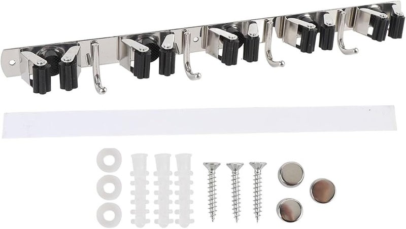 حامل مكنسة من الفولاذ المقاوم للصدأ 304 مثبت على الحائط مع 5 فتحات و4 خطافات للجراج وغرفة الغسيل - Image 1