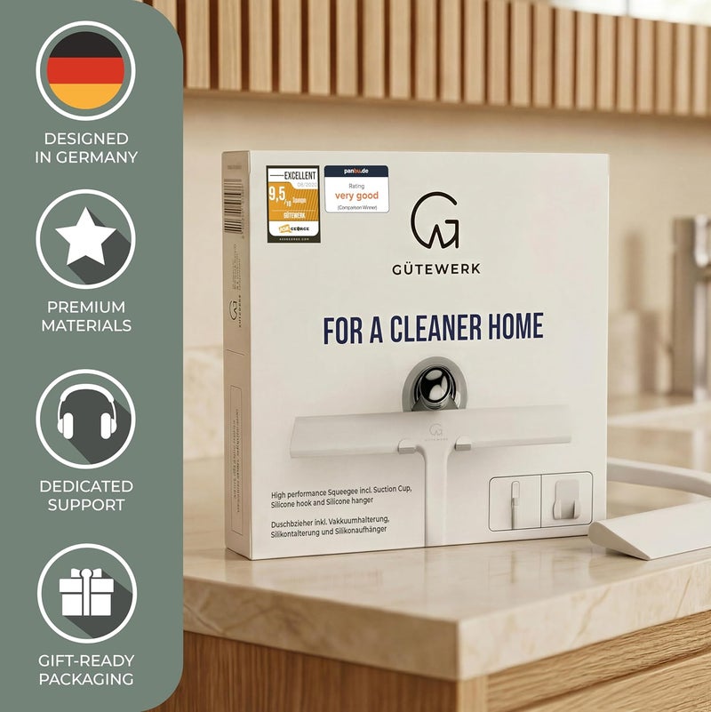 GÜTEWERK ممسحة استحمام GÜTEWERK بيضاء 9 بوصات - تشمل خطاف شفط كروم - قلب من الفولاذ المقاوم للصدأ - ممسحات مطاط سيليكون لتنظيف الحمام - ممسحة نافذة منظف شفرة زجاج للاستحمام - Image 5