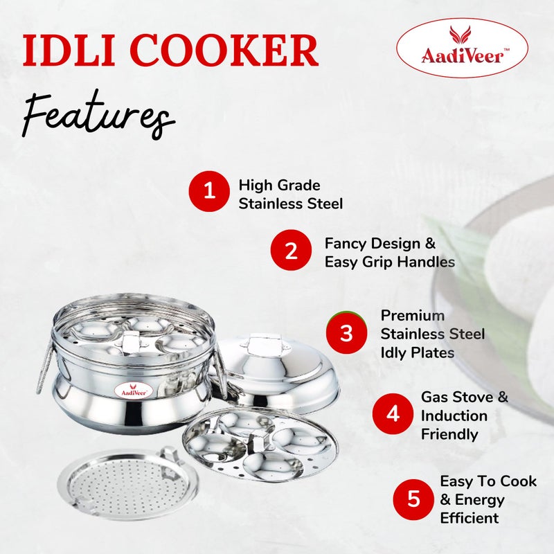 AadiVeer AadiVeer Stainless Steel Fancy Idli Cooker | Idli Maker | Idli Pot With Steamer, Induction and Gas Stove Compatible, 2 Plates - 9 Idlies  - Image 2