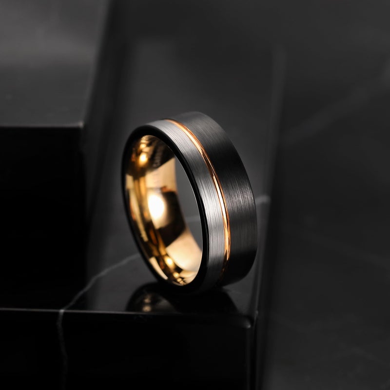 King Will Tungsten Carbide Wedding Band 8mm Rose Gold Line Ring Black and Silver Brushed Comfort Fit15 - Image 3