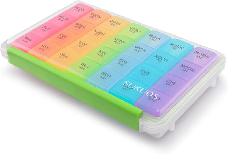 Sukuos Sukuos Large Weekly Pill Organizer 7 Day (4 Times a Day), Moisture-Resistant Daily Pill Box Medicine Cases for Vitamin/Fish Oil/Supplements - Rainbow Colors 