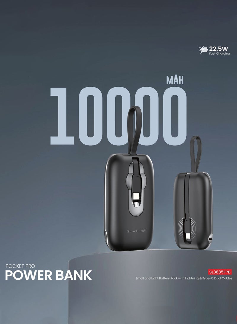 سمارت لينك بنك طاقة محمول بسعة 10000 مللي أمبير، شحن سريع بقدرة 22.5 واط، مزود بكيبل Type-C و Lightning مدمجين - أسود - Image 2