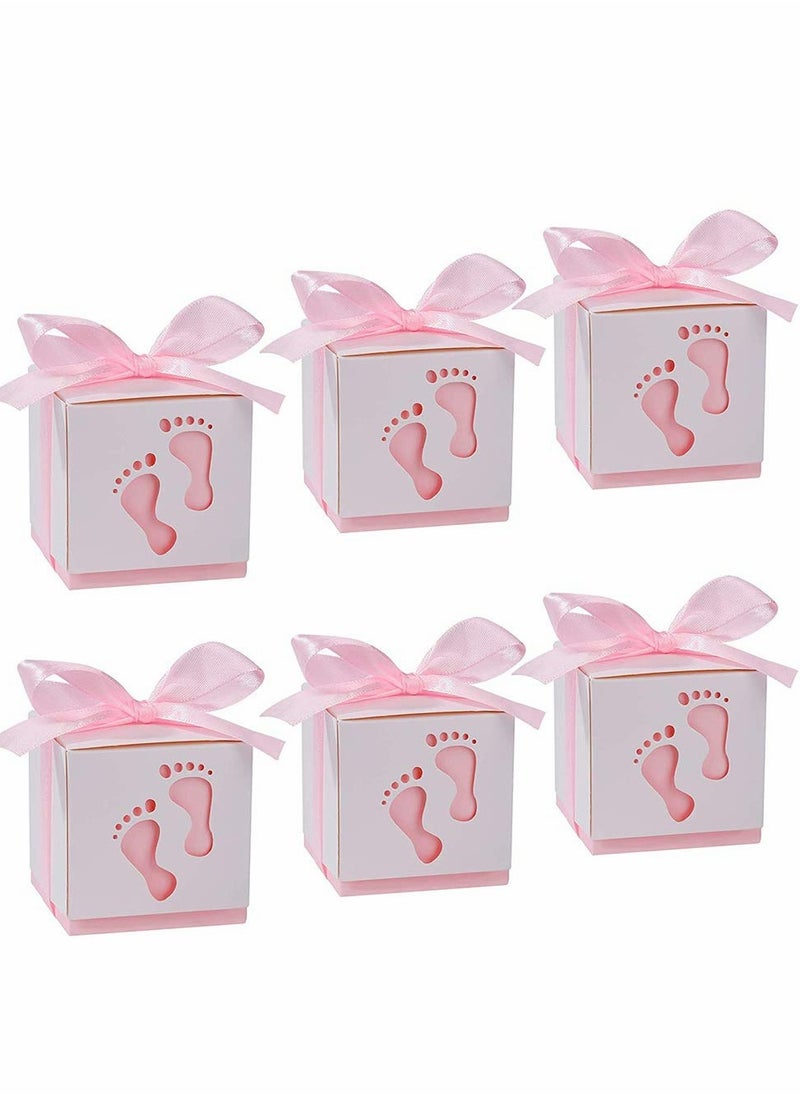 KASTWAVE Candy Favour Gift Boxes, Ribbon Candy Gift Box, 25 Pieces Baby Candy Boxes, Baby Footprints Candy Boxes, for Baby Showers, Kids Birthday, Wedding Party, Party (Pink)  - Image 1