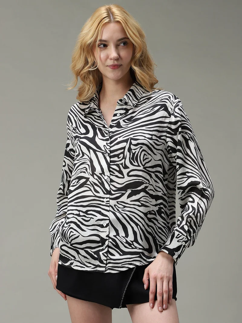 Outzidr Black Black Printed Satin Shirt for Women | Best Price UAE