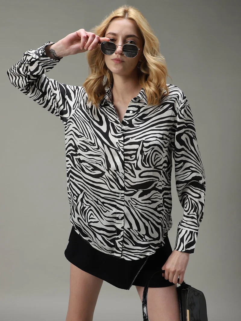 Outzidr Black Black Printed Satin Shirt for Women | Best Price UAE