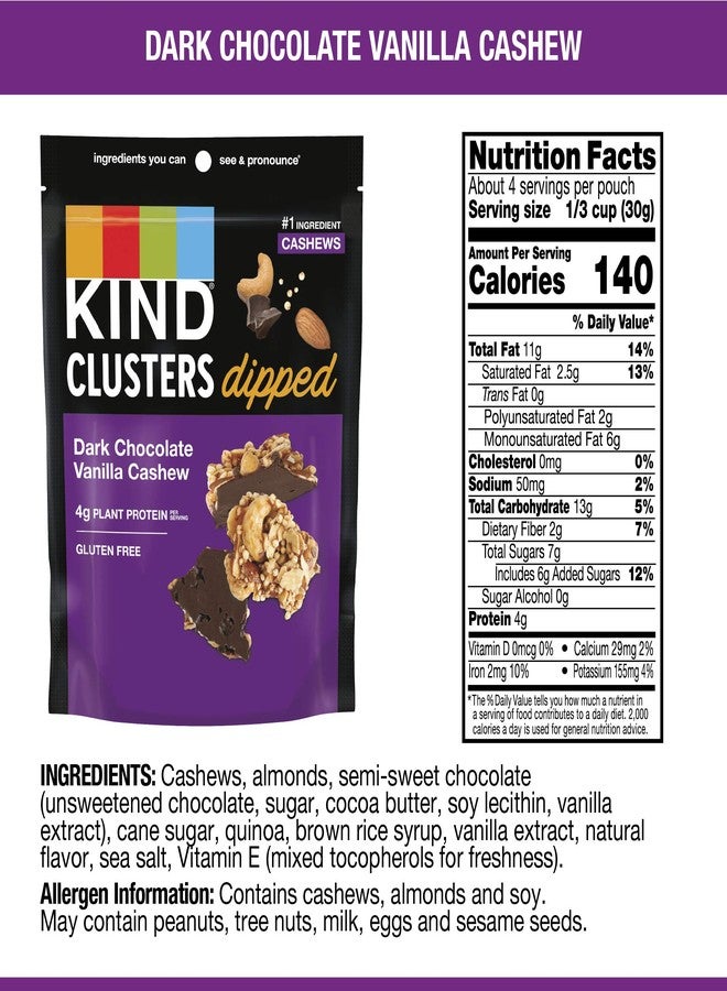 KIND Snack Clusters Dipped, Dark Chocolate Vanilla Cashew, Gluten Free, 4g Protein, 4 Ounce , 8Count - Image 2