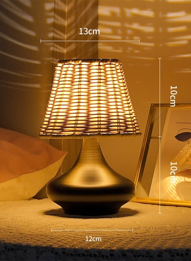 مصباح طاولة بأسلوب وابي سابي من أنابيب الخيزران المُ مع ضوء LED قابل للتعديل في 3 ألوان، مظلة من القصب الطبيعي وقاعدة من الخزف الأسود لغرفة النوم والغرفة المعيشة والمكتب وتزيين المنزل - Image 4