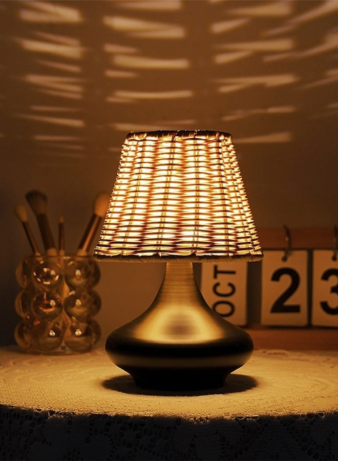 مصباح طاولة بأسلوب وابي سابي من أنابيب الخيزران المُ مع ضوء LED قابل للتعديل في 3 ألوان، مظلة من القصب الطبيعي وقاعدة من الخزف الأسود لغرفة النوم والغرفة المعيشة والمكتب وتزيين المنزل - Image 1