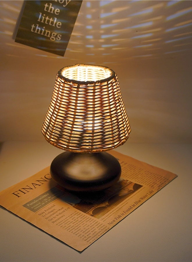 مصباح طاولة بأسلوب وابي سابي من أنابيب الخيزران المُ مع ضوء LED قابل للتعديل في 3 ألوان، مظلة من القصب الطبيعي وقاعدة من الخزف الأسود لغرفة النوم والغرفة المعيشة والمكتب وتزيين المنزل - Image 3