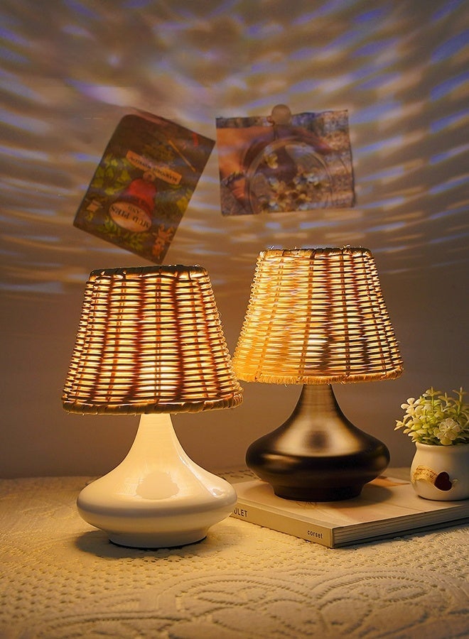 مصباح طاولة بأسلوب وابي سابي من أنابيب الخيزران المُ مع ضوء LED قابل للتعديل في 3 ألوان، مظلة من القصب الطبيعي وقاعدة من الخزف الأسود لغرفة النوم والغرفة المعيشة والمكتب وتزيين المنزل - Image 2