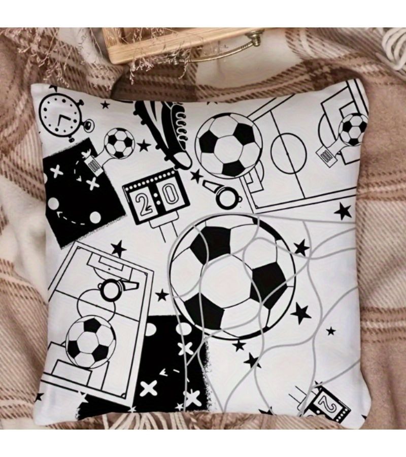 18x18 Inch Football Pillow Cover Black White Soccer Design Zipper Decorative - Image 2