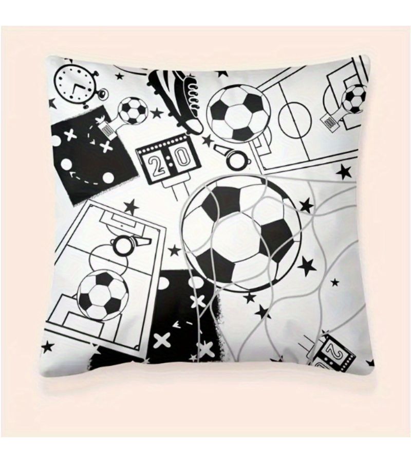 18x18 Inch Football Pillow Cover Black White Soccer Design Zipper Decorative - Image 1