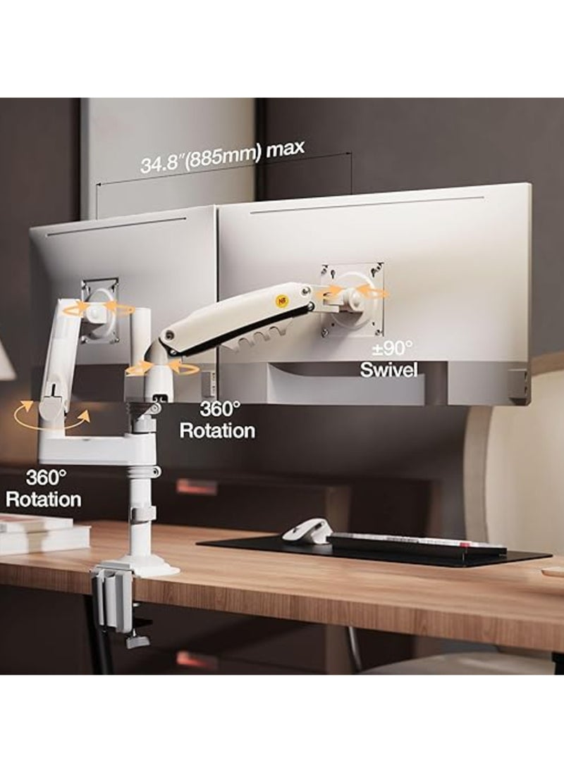NB ERGONOMIC Dual Monitor Arm Dual Monitor Stand for Two 17" to 27" Screens with Load Capacity 4.4~19.8lbs for Each Monitor, VESA 75x75 & 100x100, Full Motion Dual Monitor Desk Mount, White | H180  - Image 2
