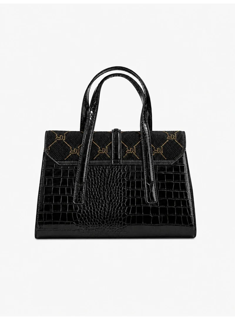 2Trendy Women's Black Patterned Top Handle Handbag with Gold Lock