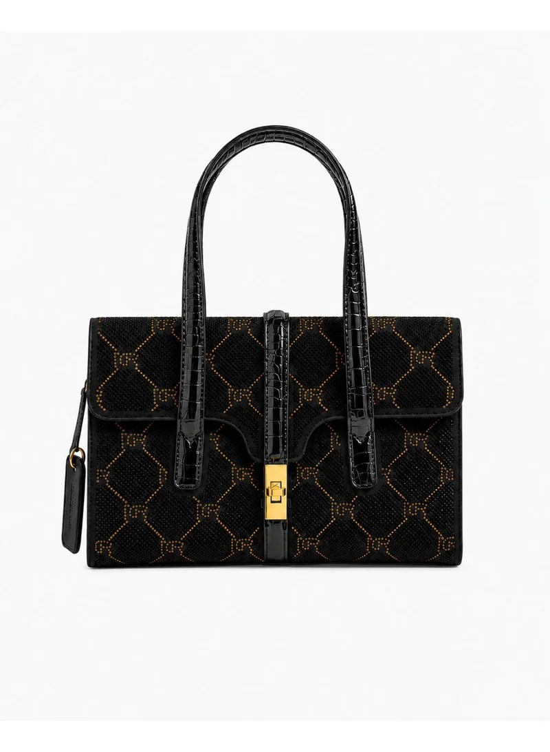 2Trendy Women's Black Patterned Top Handle Handbag with Gold Lock