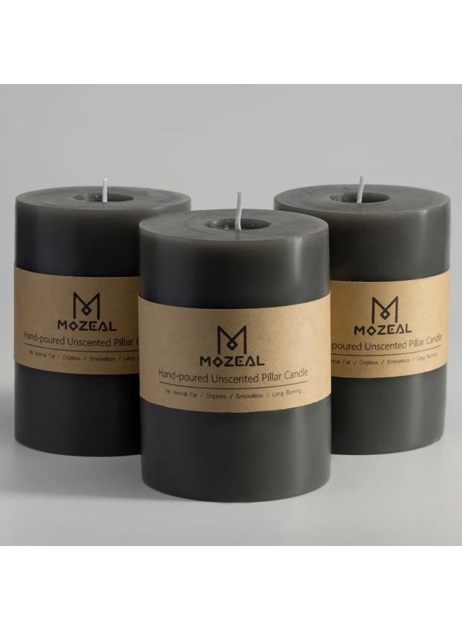 MOZEAL 3" x 4" Hand-Poured Unscented Candle,Dripless Pillar Candle Set of 3,Long Clean Burning,Approx 72 Hours Burn Time,Rustic Country Style,Wedding,Dinner,Christmas and Home Decor,Dark Gray - Image 1