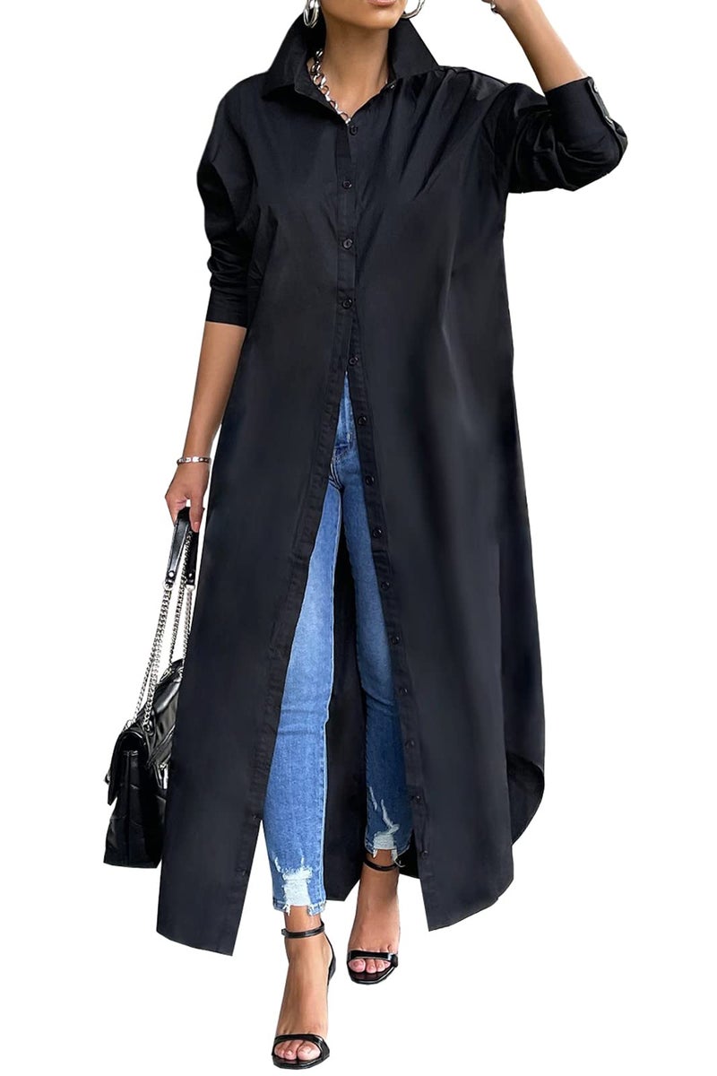 Choichic Button Down Dress for Women Casual Long Sleeve Collared Solid Color Loose Long Shirts Plus Size Maxi Dresses Small Black - Image 1