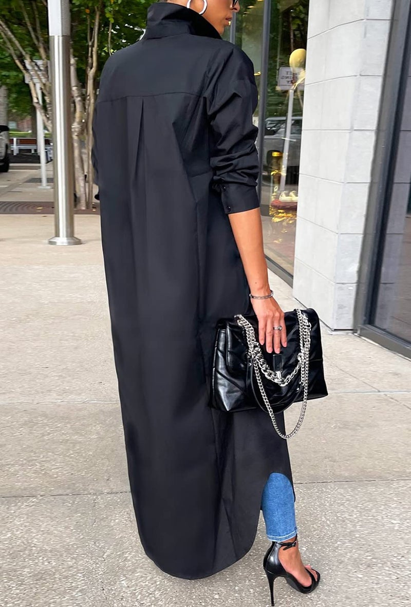 Choichic Button Down Dress for Women Casual Long Sleeve Collared Solid Color Loose Long Shirts Plus Size Maxi Dresses Small Black - Image 4