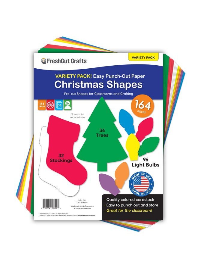 FreshCut Crafts Christmas Trees, Stockings, Light Bulb Punch Out Paper Cutouts in Holiday Colors, 2-Sided US Made Card Stock for Crafts, Bulletin Boards, Classroom Decor, and Posters (164 Pieces) - Image 1