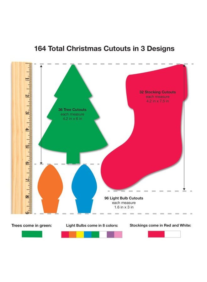 FreshCut Crafts Christmas Trees, Stockings, Light Bulb Punch Out Paper Cutouts in Holiday Colors, 2-Sided US Made Card Stock for Crafts, Bulletin Boards, Classroom Decor, and Posters (164 Pieces) - Image 4