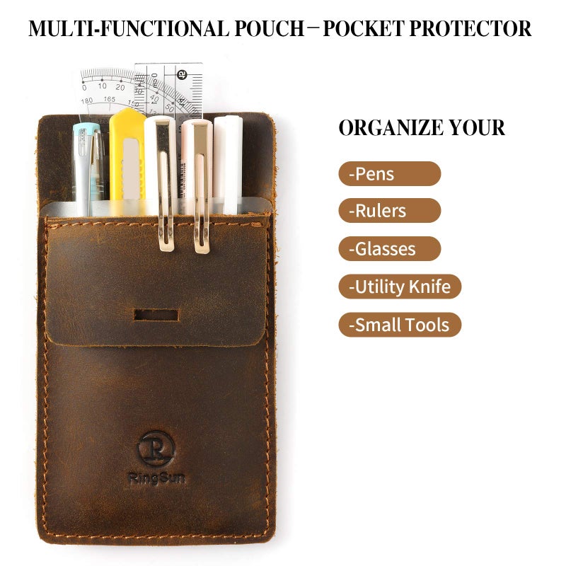 Ringsun Men's Pocket Protector - Full Grain Leather - Heavy Duty Pen Holder for Shirts, Lab Coats - Holds 6 Pens & Pointers & Cards - Image 4