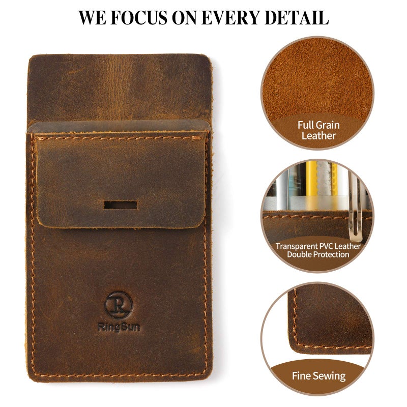 Ringsun Men's Pocket Protector - Full Grain Leather - Heavy Duty Pen Holder for Shirts, Lab Coats - Holds 6 Pens & Pointers & Cards - Image 3