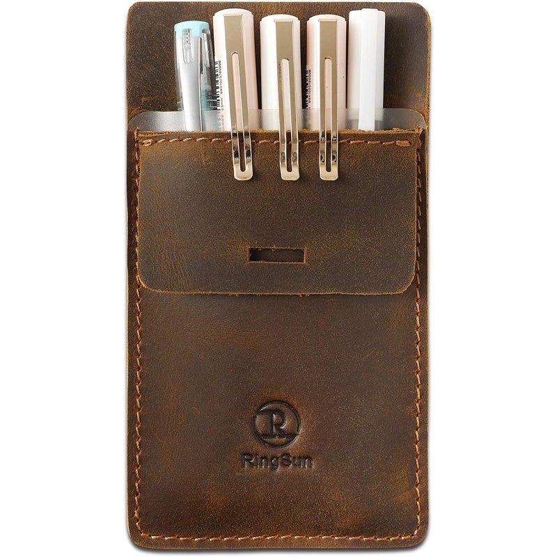 Ringsun Men's Pocket Protector - Full Grain Leather - Heavy Duty Pen Holder for Shirts, Lab Coats - Holds 6 Pens & Pointers & Cards - Image 1