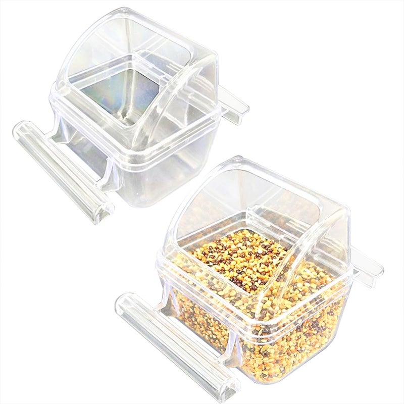 Yamibobo 2 Pack Bird Feeder Bowl Clear Water Container Bird Cage Dish No Mess Parakeet Hanging Food Cup for Cage Plastic Parakeet Feeder with Perch - Image 2