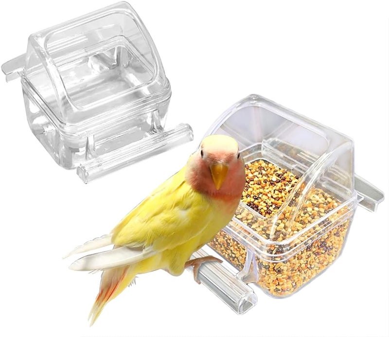 Yamibobo 2 Pack Bird Feeder Bowl Clear Water Container Bird Cage Dish No Mess Parakeet Hanging Food Cup for Cage Plastic Parakeet Feeder with Perch - Image 1