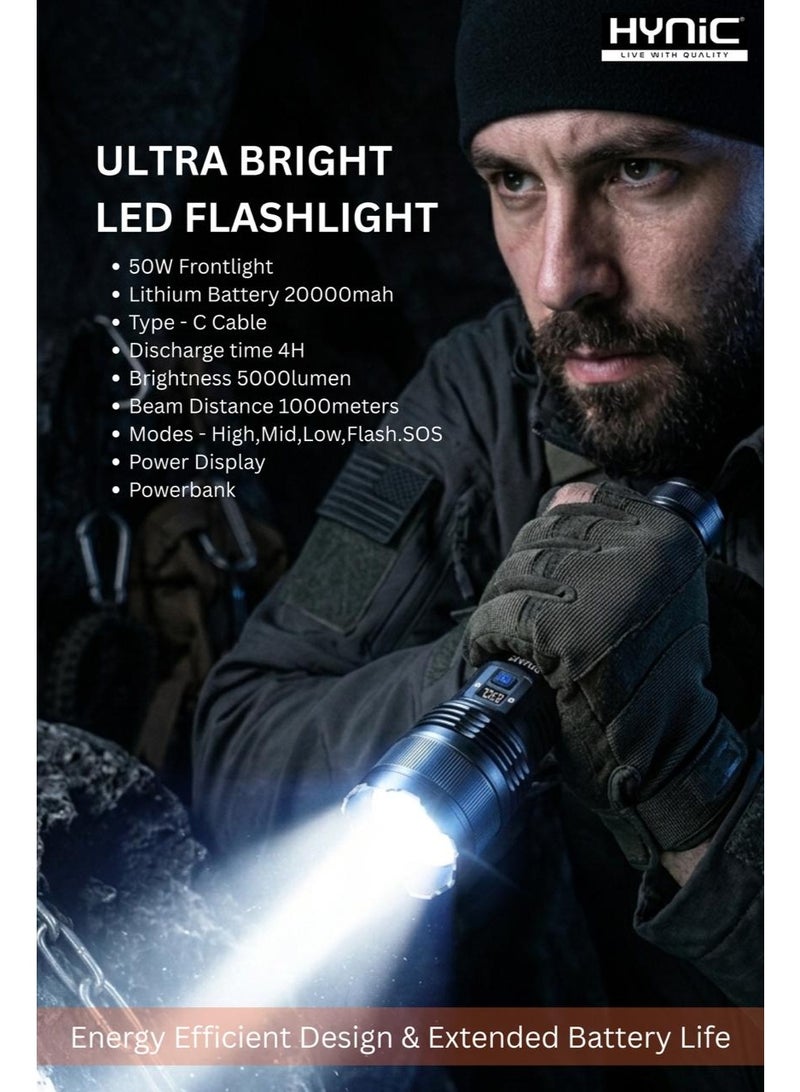 هاينك مصباح LED فائق السطوع بقوة 50 واط | 5000 لومن، بطارية 20000 مللي أمبير ساعة وشاشة طاقة رقمية - Image 2