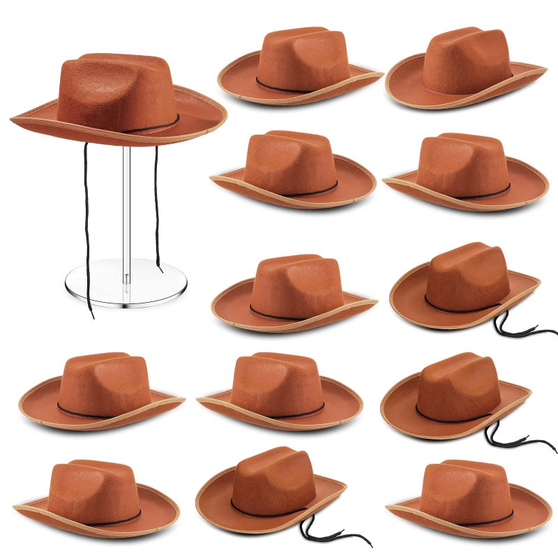 Funtery 12 Pack Kids Cowboy Hats Felt Western Hat Bulk Cowboy Cosplay Party Costume Accessories for Boy ChildrenBrown