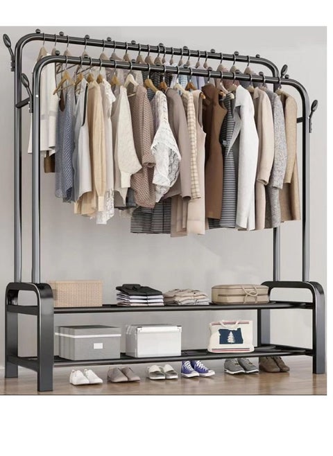 40kg Double Pole 2-Tier fully iron Shoes Rack and Coat Hanging Stand for Home