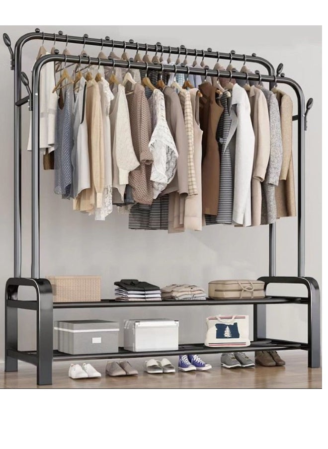 40kg Double Pole 2-Tier fully iron Shoes Rack and Coat Hanging Stand for Home