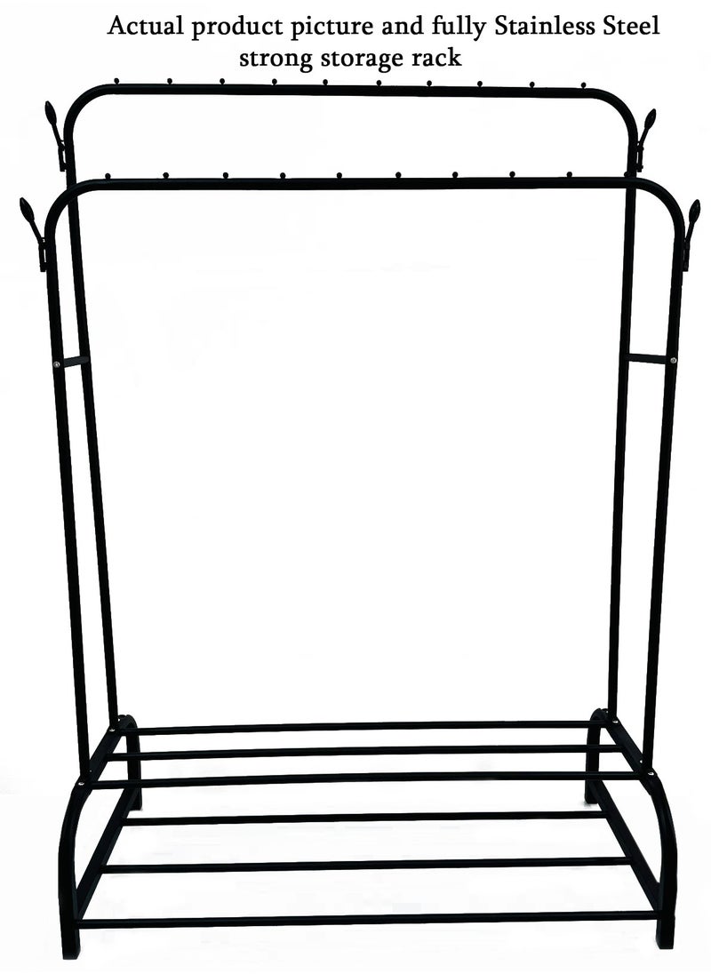 40kg Double Pole 2-Tier fully iron Shoes Rack and Coat Hanging Stand for Home