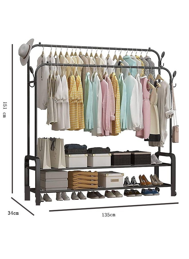 40kg Double Pole 2-Tier fully iron Shoes Rack and Coat Hanging Stand for Home