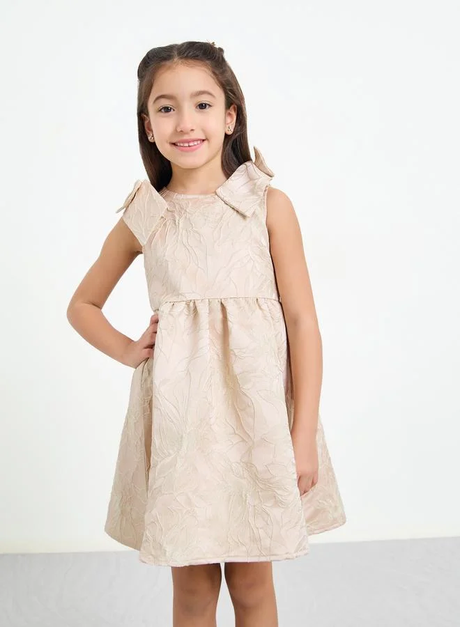 Styli Girls Beige A-Line Dress with Bow Detail