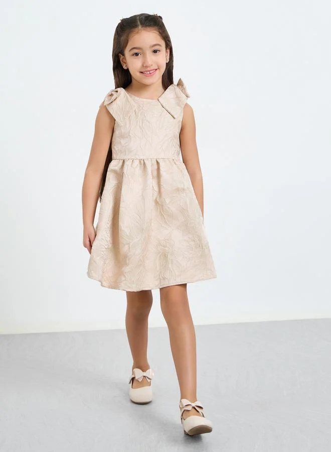 Styli Girls Beige A-Line Dress with Bow Detail