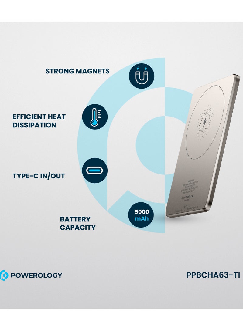 Powerology Ultra-Thin 5000mAh Magsafe Portable Power Bank /15W Wireless Charger Powerbank 5000 mAh/20W Type-C Charging/ Built-in Safeguards / Strong Magnets / Fast Charging / Type-C In/Out - Titanium - Image 2