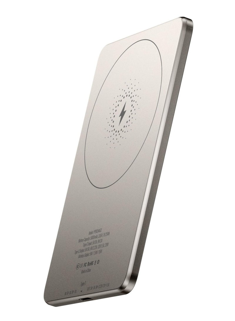 Powerology Ultra-Thin MagSafe Portable Power Bank 5000mAh, 15W Wireless Charger Power Bank 5000 mAh, 20W USB-C Charging, Built-in Safeguards, Strong Magnets, Fast Charging, USB-C In & Out - Titanium - Image 1